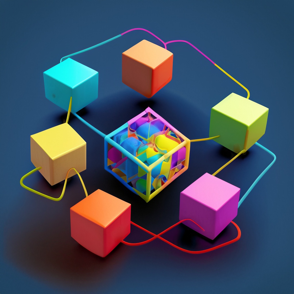 AI Prompt: small colorful cubes surrounding one small multi-colored cube in the middle, connected with colored wires